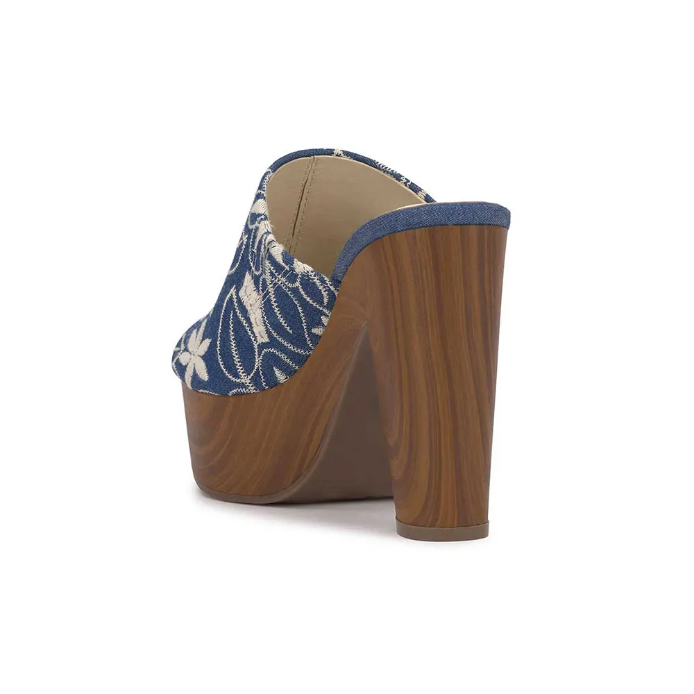 Blue Open-Toe Floral Embroidered Platform Mules with Chunky Heels