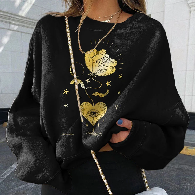 Sun Heart Print Crew Neck Sweatshirt