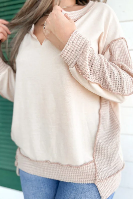 Loose long-sleeved waffle panel pullover