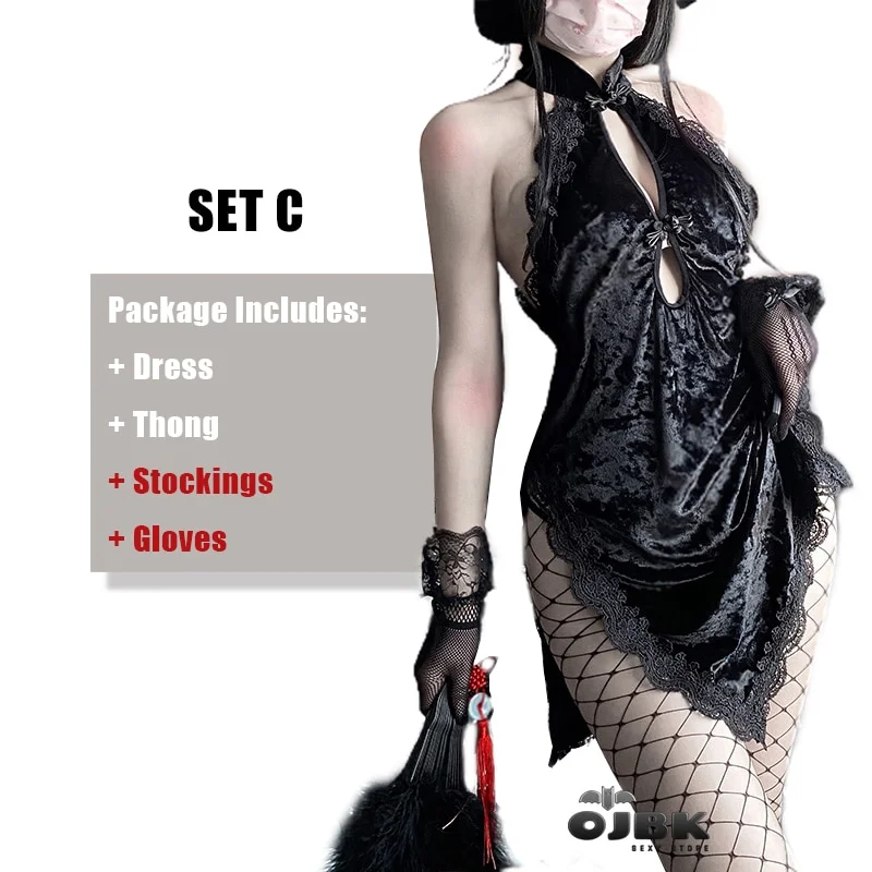 Billionm Sexy Anime Cosplay Costumes Gothic Asian Cheongsam Lace Floral Halter Hollow Dresses Erotic Outfit Lingerie For Women 2021 New