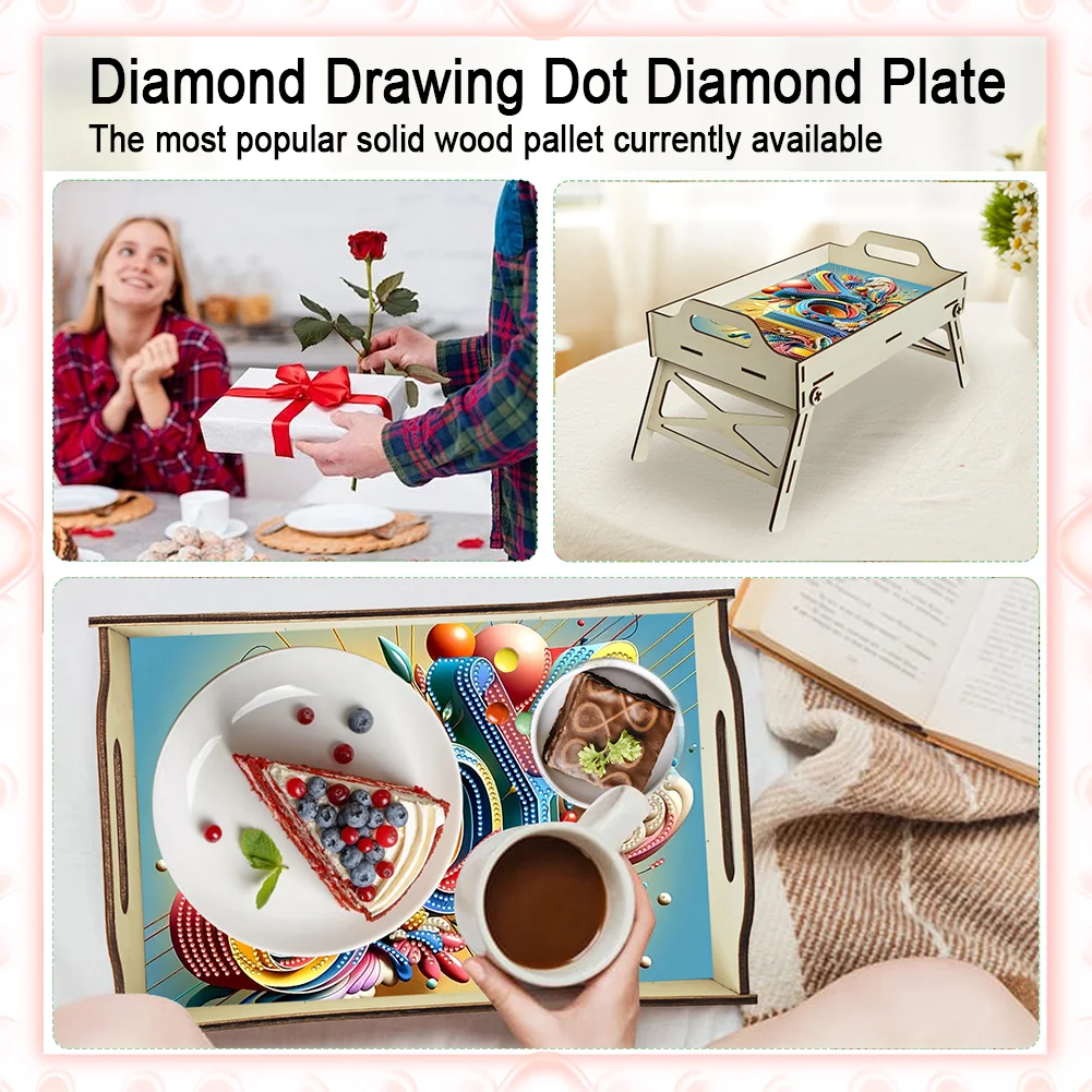 DIY Diamond Painted Dining Plate with Handle Wooden Food Tray Home Decor Gift