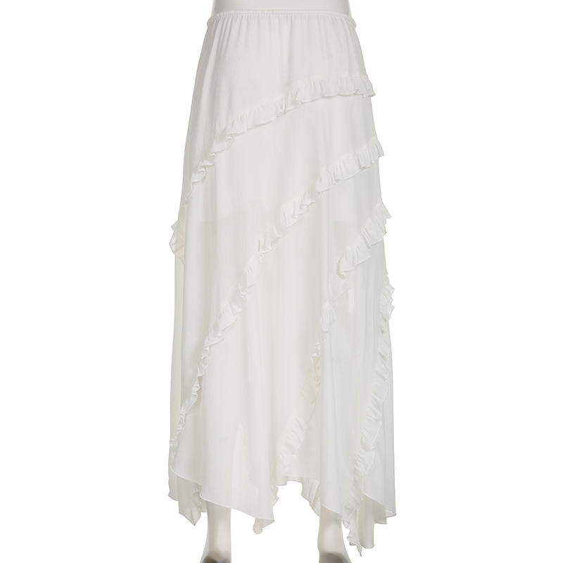 Ootddress White Ruffled Patchwork Long Skirt See-Through For Women Split Summer Beach Holiday Maxi Skirt Women's Fashion Y2k Skirt