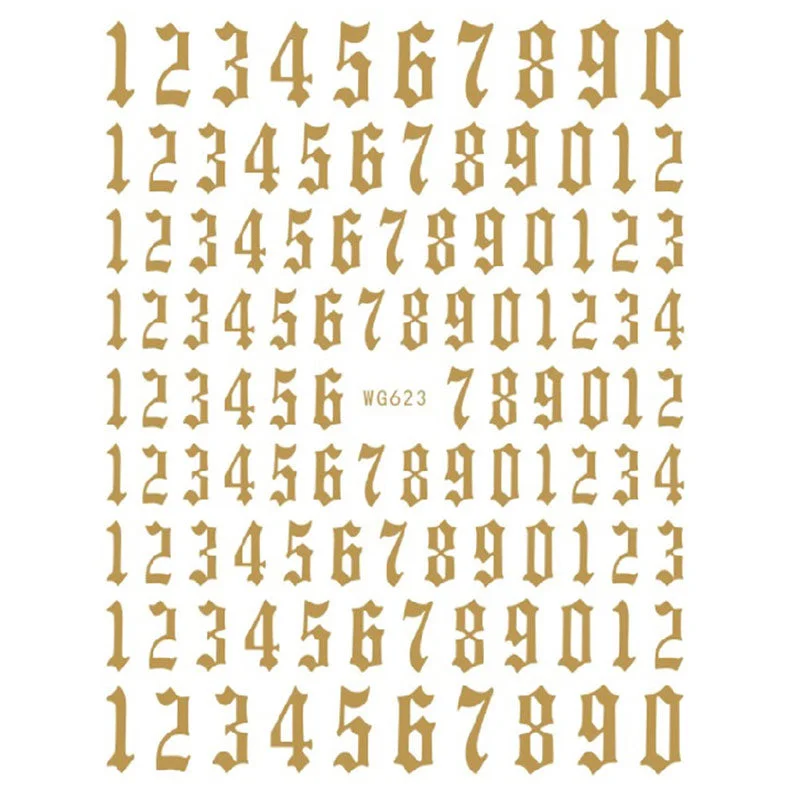 12-color Number Pattern Nail Sticker Decoration 3D Nail Art Stickers English Old Font Arabic Numeral Decals Designer Nail Foil