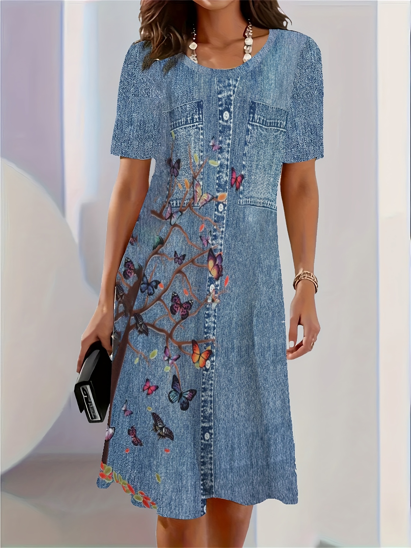 Women's 3d Floral Print Denim-Style Dress - Casual Streetwear Short Sleeve Round Neck Loose Fit Mini Dress With Umbrella Hem, All-Season Versatile Outfit, Denim Dresses, Textured Fabric Look, Casual Attire, Durable Construction, Women | IFYHOME