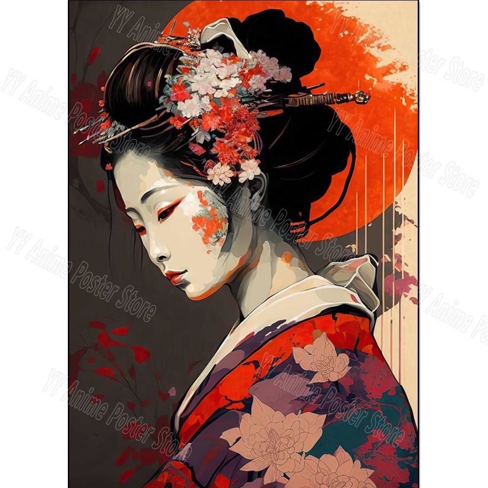 Japanese Geisha Poster Kimono Woman Graffiti Art Cuadros Wall Pop Art Mural Canvas Print Watercolor Picture for Home Room Decor