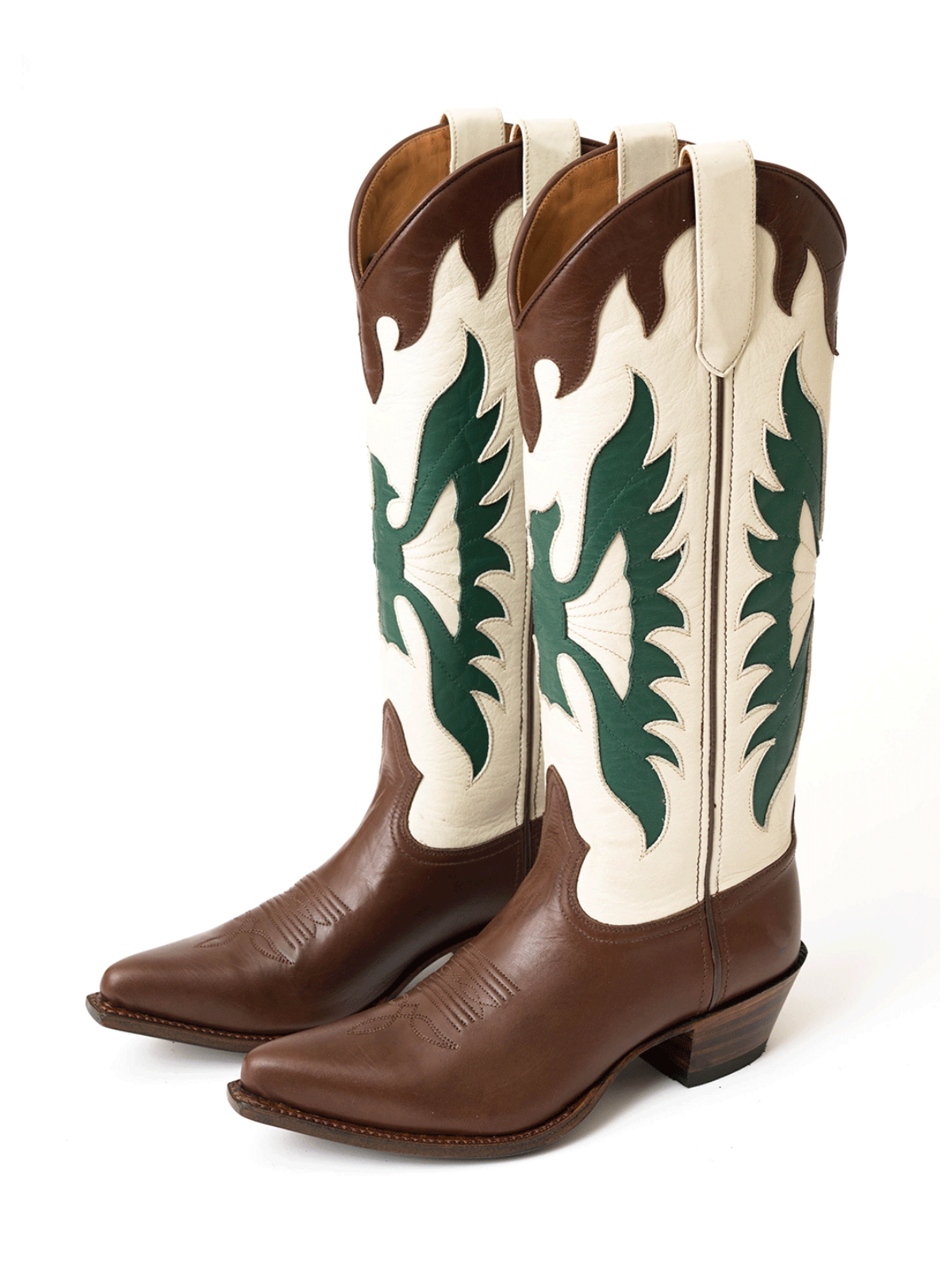 Taafo Contrast Brown And Ivory Snip-Toe Eagle Inlay Wide Mid Calf Tall Cowgirl Boots