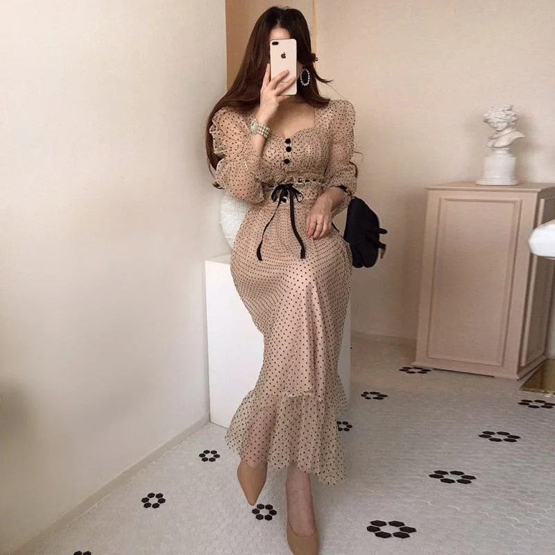 Korean Women'S Dress Fall 2021 Square Neck High Waist Lace Trim Stitching Organza Polka Dot Dress Office Ladies Casual Dresses