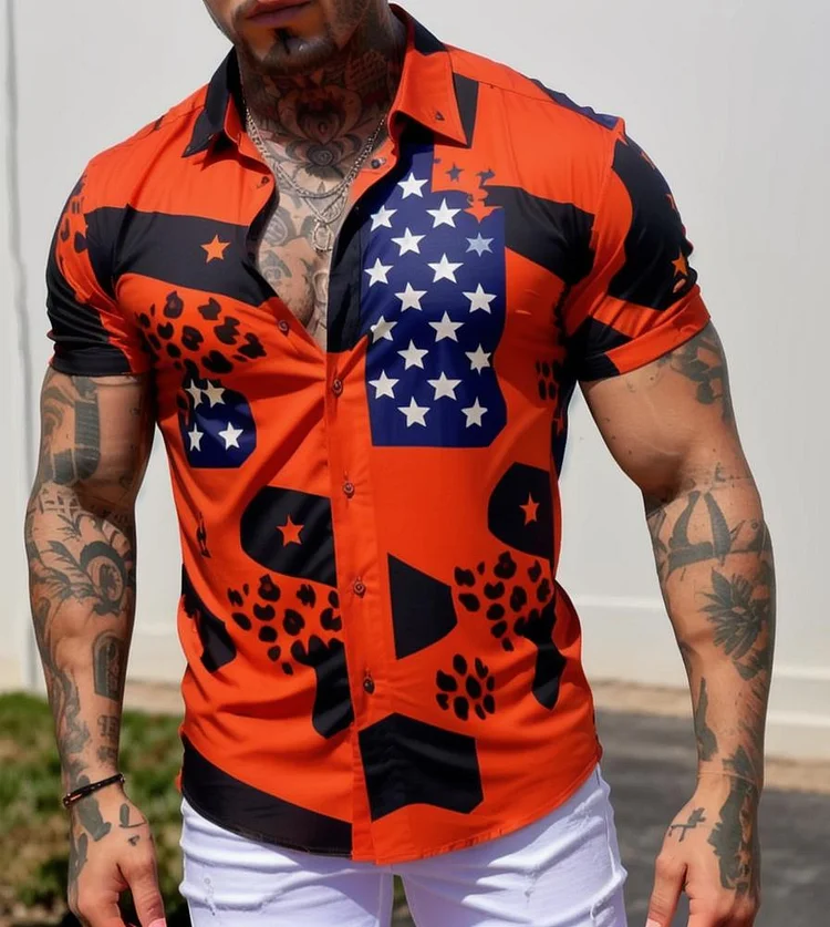 Men's Casual Star Printed Short Sleeve Shirt at Hiphopee