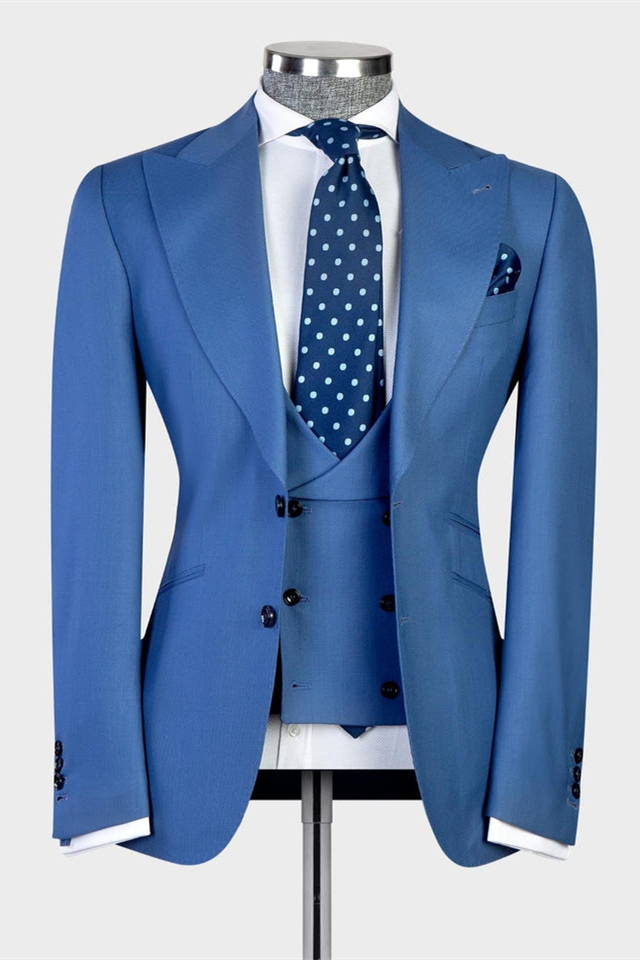 Bellasprom Blue Three-pieces Peaked Lapel Men Suits For Business Bellasprom