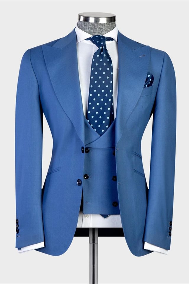 Classy Peaked Lapel Blue 3-pieces Men Suits For Business | Ballbellas Ballbellas