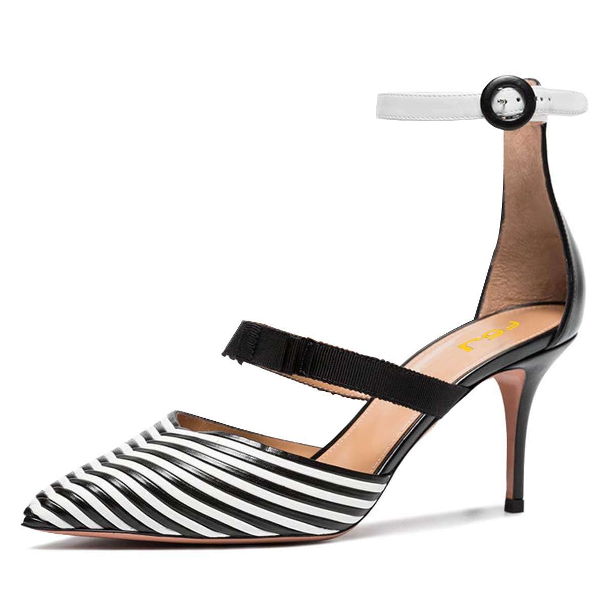 Black and White Pointed Toe Ankle Strap Pumps Shoes with Stiletto Heel Nicepairs
