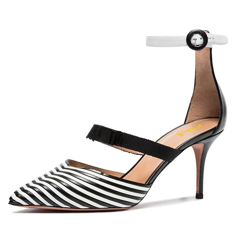 Black and White Stripe Ankle Strap Stiletto Heels Pumps |FSJ Shoes