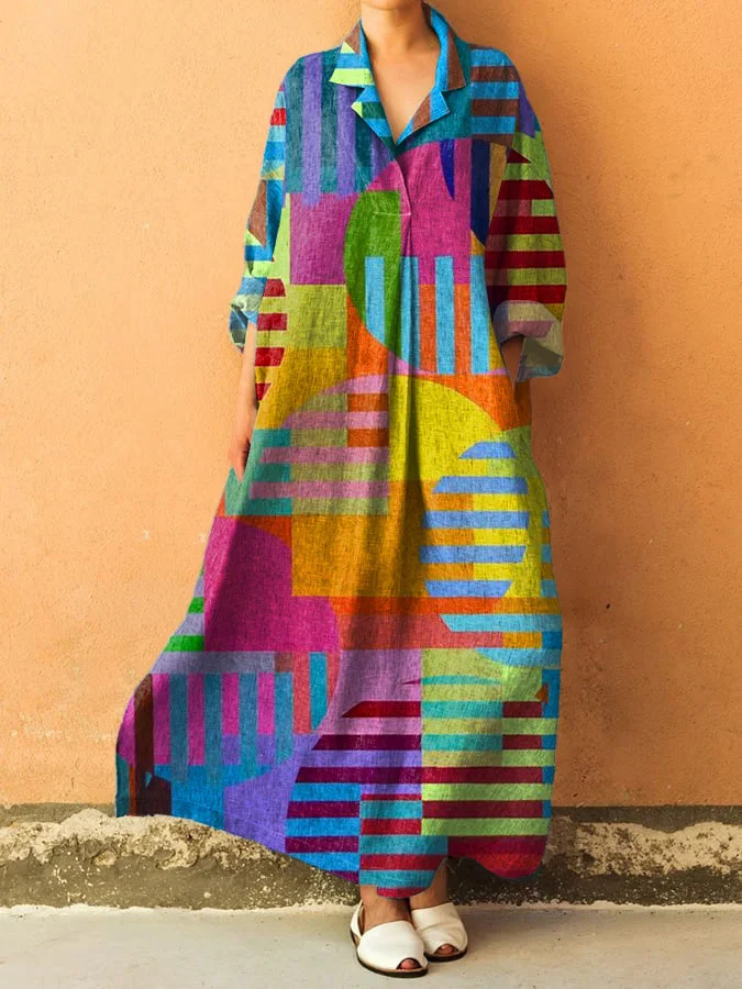 Bauhaus Style Geometric Pattern Printed Women's V-Neck Pocket Cotton Dress