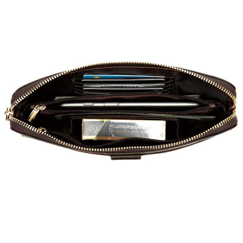 Mens Business Plain Leather Zipper Clutch Bags