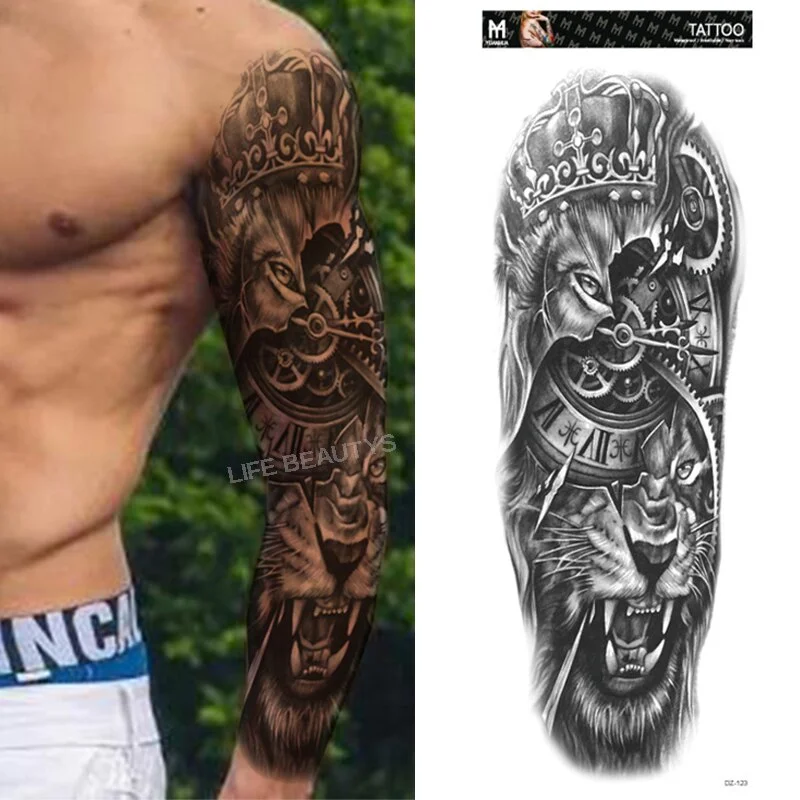 Sdrawing Temporary Full Arm Tattoos Man Women Cool Leg Art Tiger Wolf Black Sleeve Large Fake Sticker Glitter Multiple Style