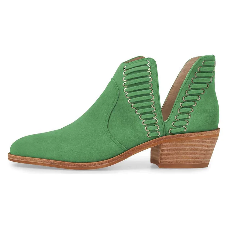 Green Suede Chunky Heel Ankle Boots Summer Boots |FSJ Shoes