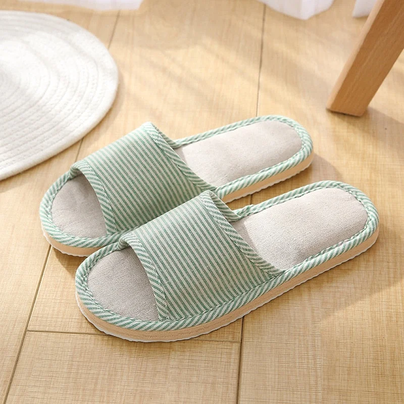 Linen Indoor Slippers Four Seasons Striped Cotton Slippers Couples Absorbing Sweat Soft Bottom Home Wood Floor Sandals