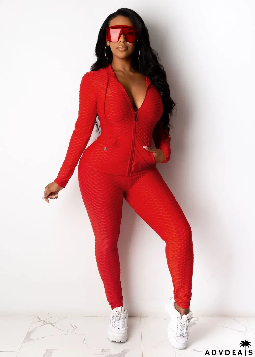 Solid Hooded Long Sleeve Zipper 2 Piece Pants Set