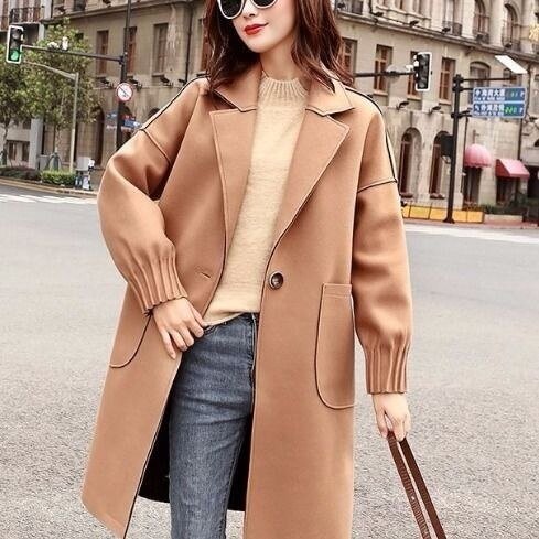 Small tweed coat women's middle long spring Korean loose and thin woolen coat