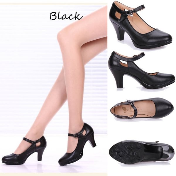 34-40 Size Black High-Heeled Square Heel Woman OL Shoes with Round Toe Thick Straps Pumps Sandals Shoes - Shop Trendy Women's Clothing | LoverChic