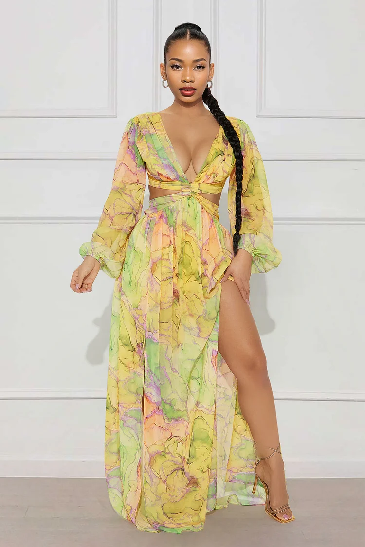Long Sleeve Deep V Neck Cut Out Floral Print Slit Vacation Wedding Guest Maxi Dresses-Yellow