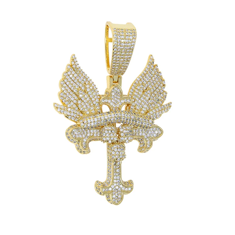 Bling Hip Hop Cross Angel Wings Iced Out Pendant Necklace-VESSFUL