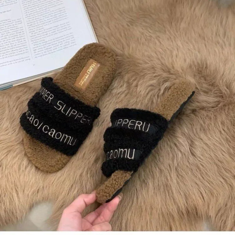 Wongn Wongn Autumn / Winter New Fashion Letter One Word Outside Wear Plush Slippers Wool Slippers Women's Shoes