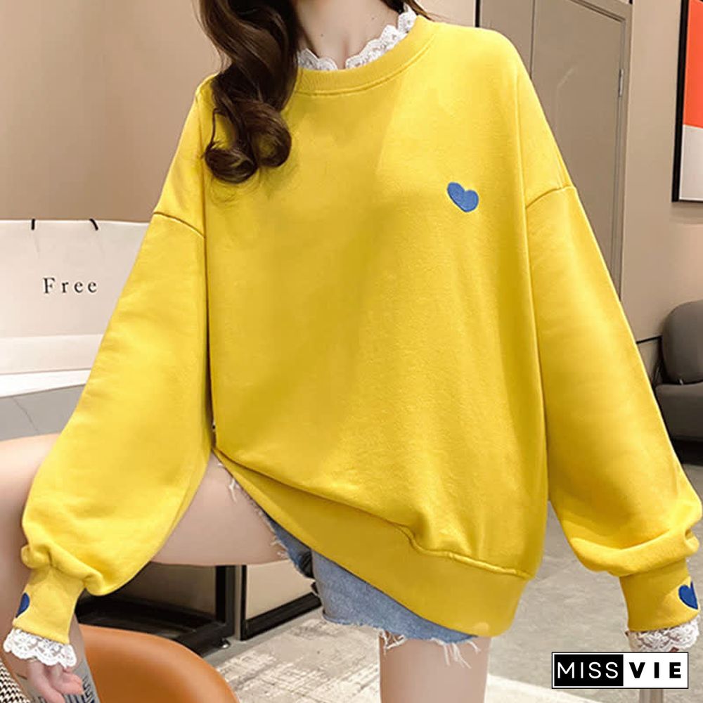 Pure Color Round Collor Love Heart Sweatshirt