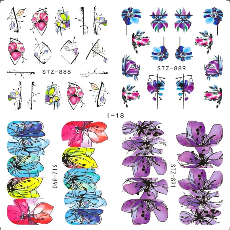 Nail Stickers Water Transfer Flowers Abstract Art Designs 4Pcs/Set Nail Decal Decoration Tips For Beauty Salons-Nail Inspo