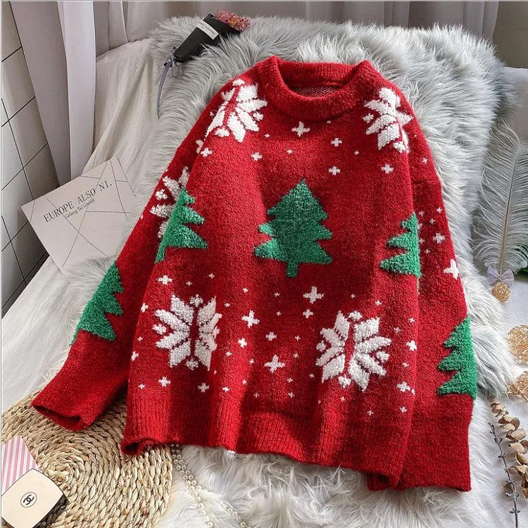 Mayoulove Women's Sweater Loose Pullover Printed Knitted Casual Ugly Christmas Sweaters-Mayoulove