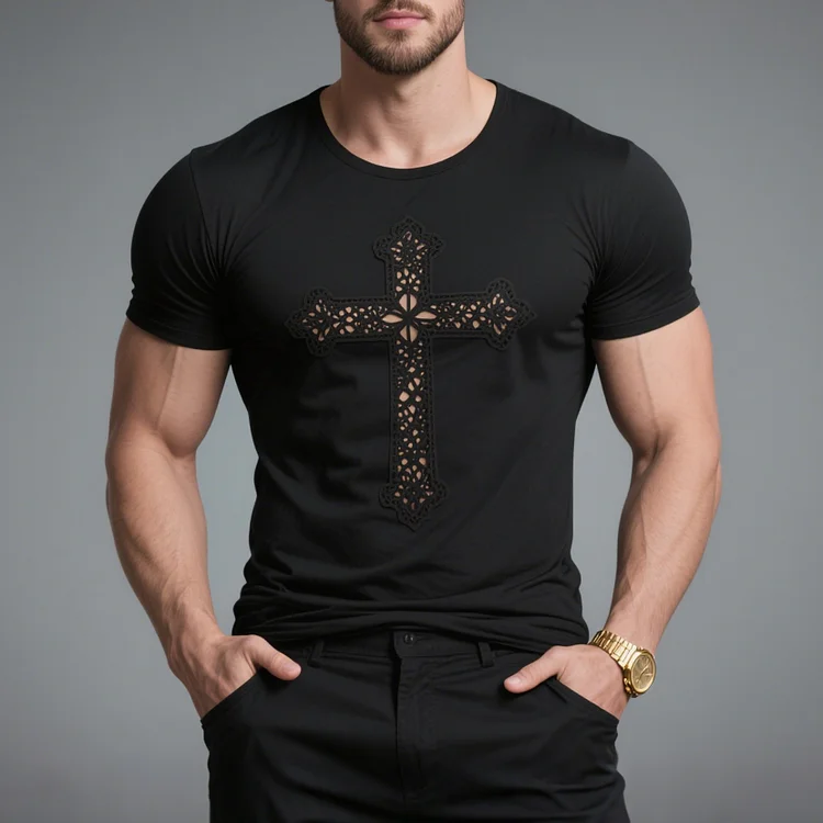 Okaywear Lace Patchwork Hollow Cross Crew Neck T-Shirt 