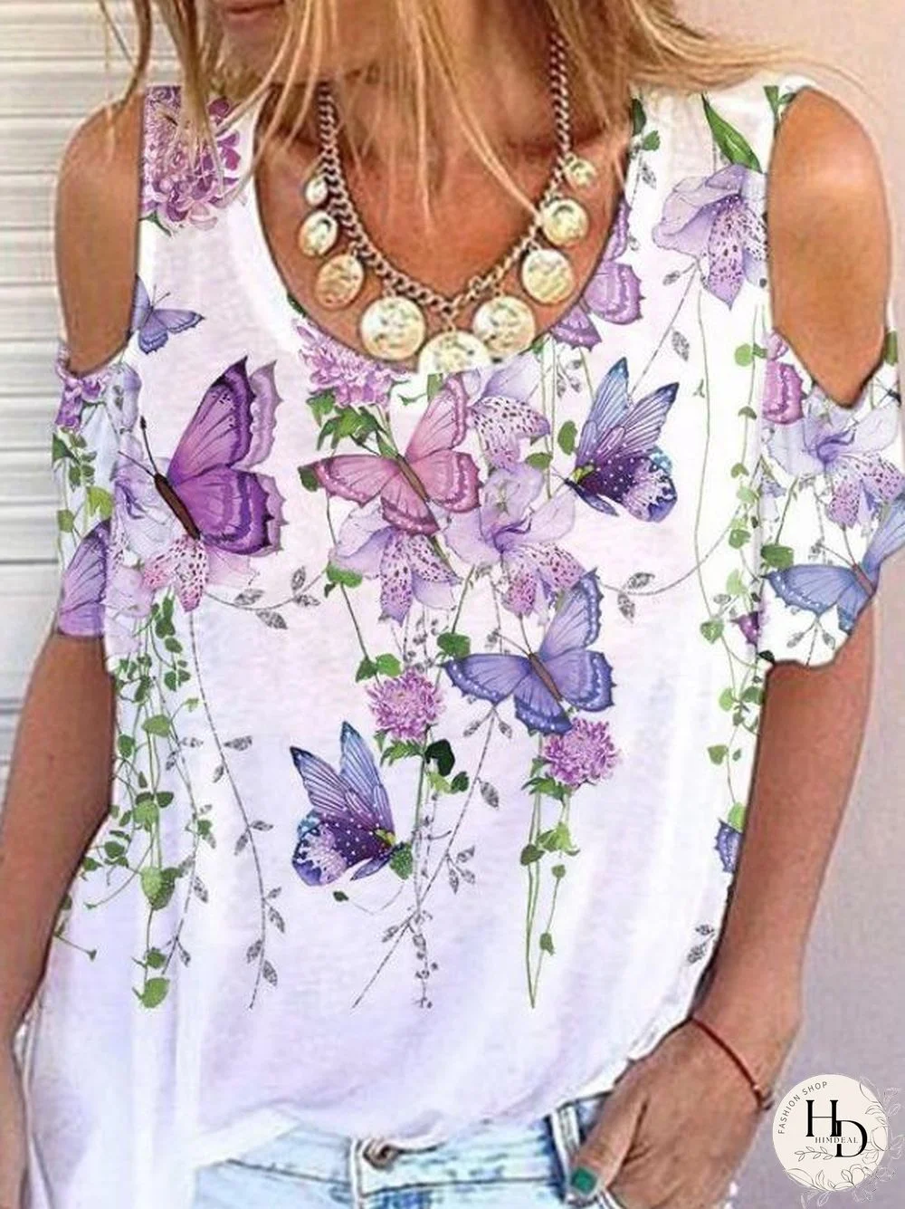 Cutout Shoulder Printed Casual Shirt