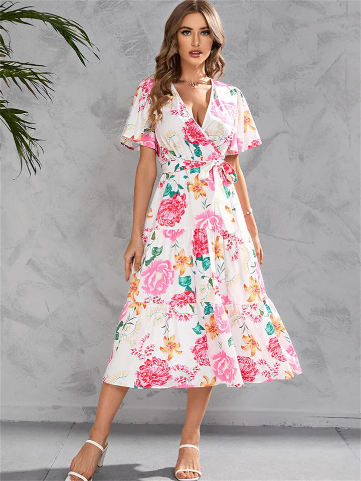 Women's Summer Print V-neck Waist-length Mid-length Tied Short-sleeved Big Swing Dress Personality Street Style Mid-length Dress-Cosfine