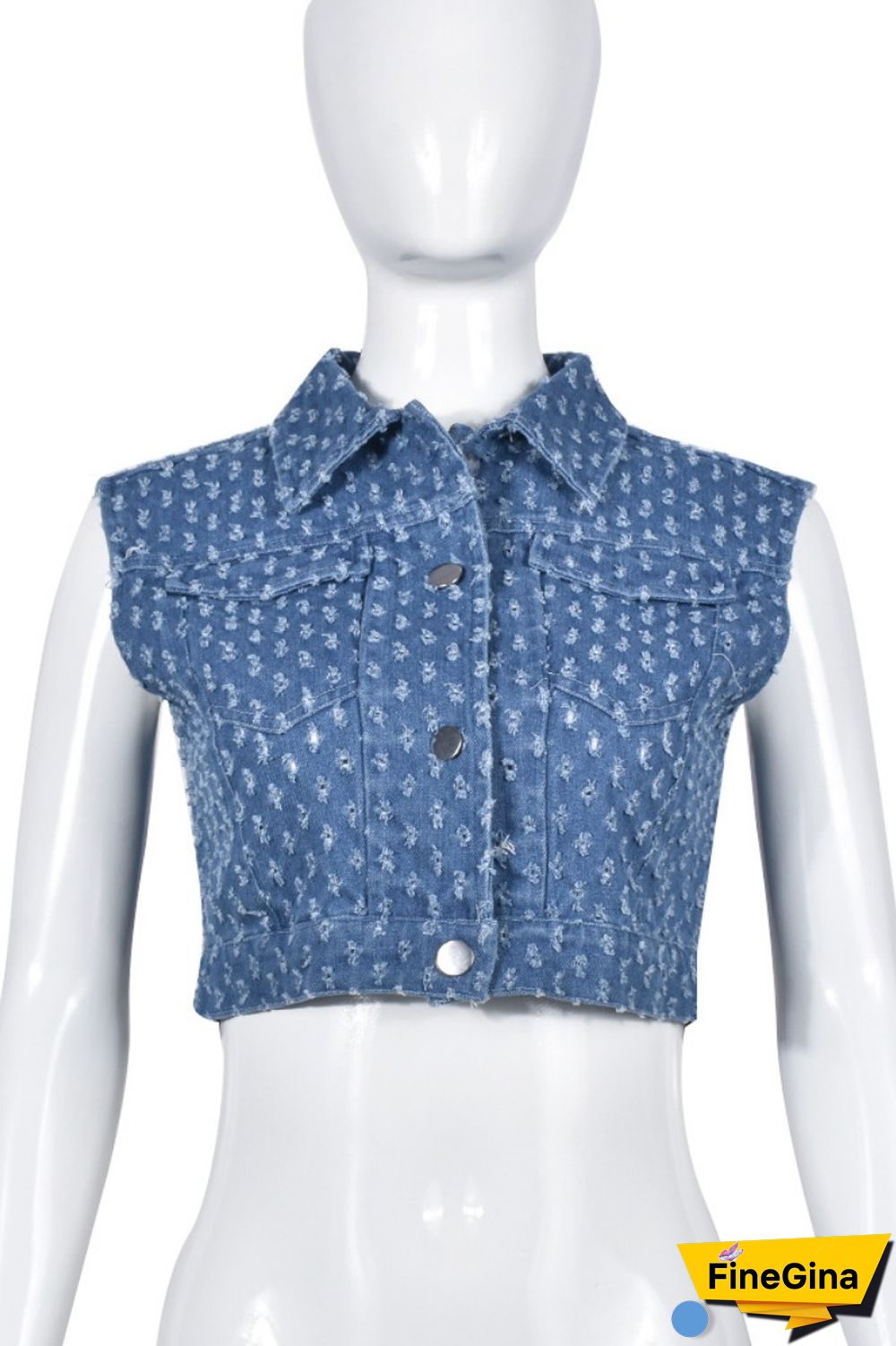 Blue Casual Solid Patchwork Turndown Collar Sleeveless Regular Denim Waistcoats