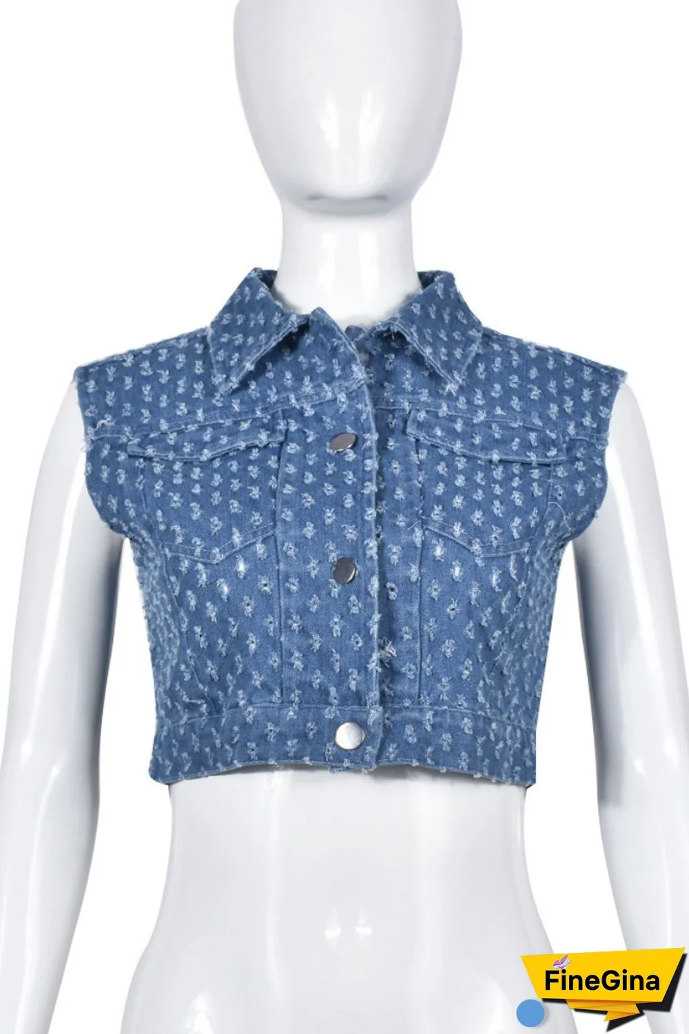 Blue Casual Solid Patchwork Turndown Collar Sleeveless Regular Denim Waistcoats