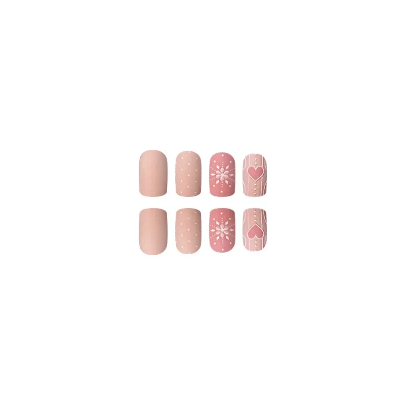 Churchf Pink Sweet Sister French Frosted Texture Three-Dimensional Snowflake Love Christmas Fake Nails Finished Wear A 24 Pieces