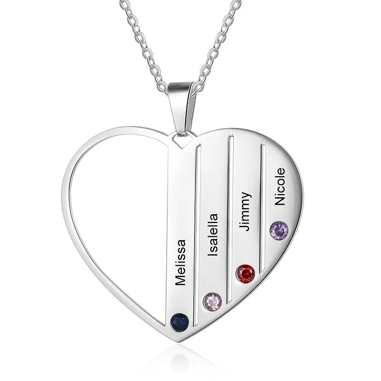 Personalized Heart Necklace with 4 Birthstone Engraved 4 Names Family Necklace Mother Necklace