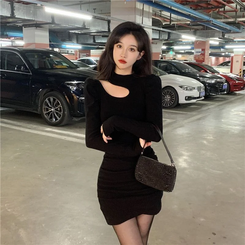 Long-Sleeve Cutout Ruched Knit Mini Bodycon Dress YP3055