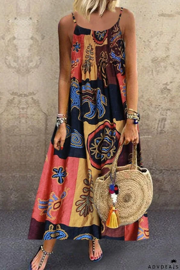 Plus Size Print Sleeveless Spaghetti Straps Maxi Dress