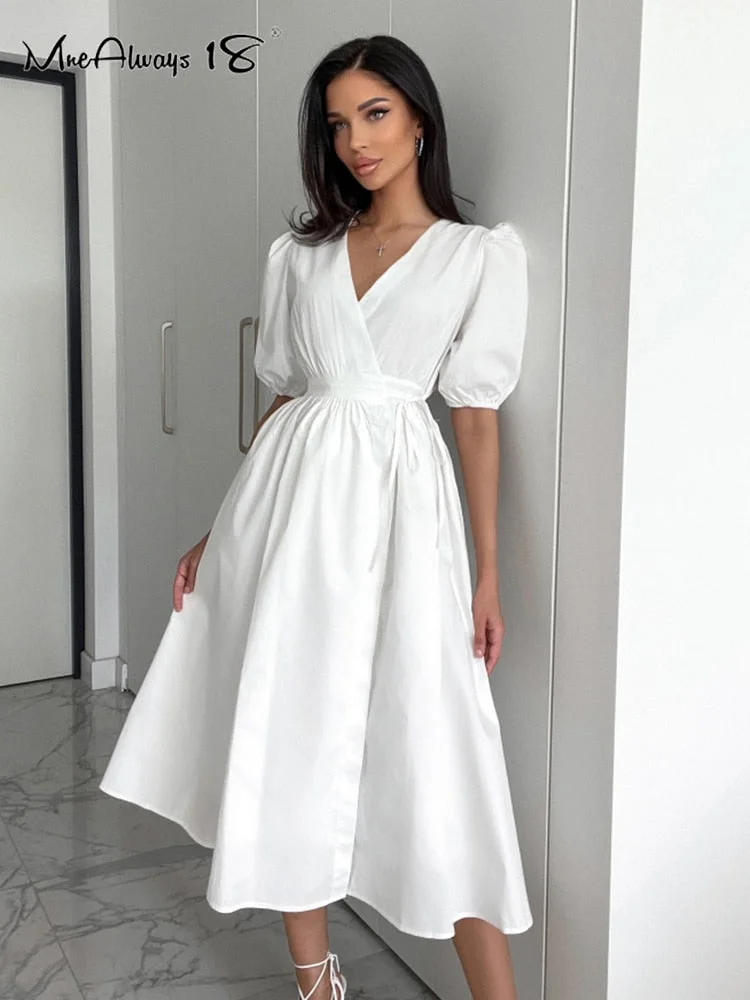 Huibahe Elegant Lace-Up White Split Dress Women V-Neck Summer 2023 Casual Split Dress Ruched Office Ladies Midi Dress A-Line