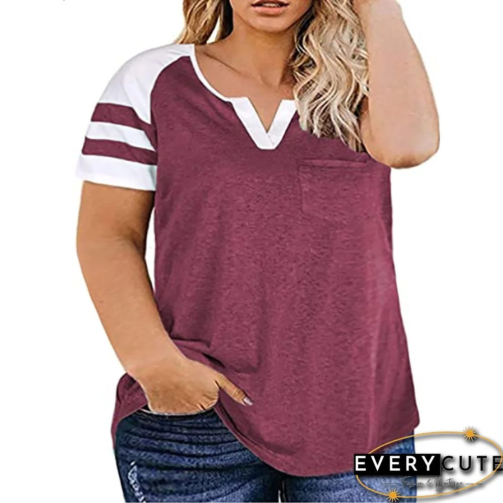 Purple Red Raglan Short Sleeve Plus Size Tops