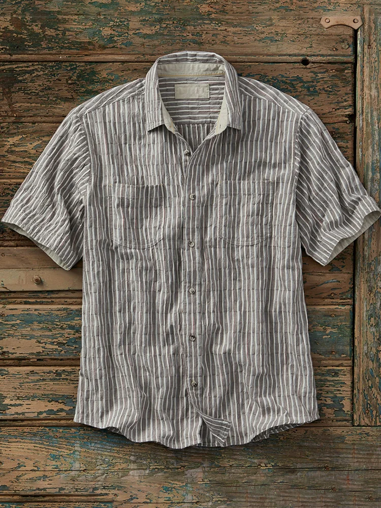 Men's Casual Retro Striped Printed Short Sleeved Shirt