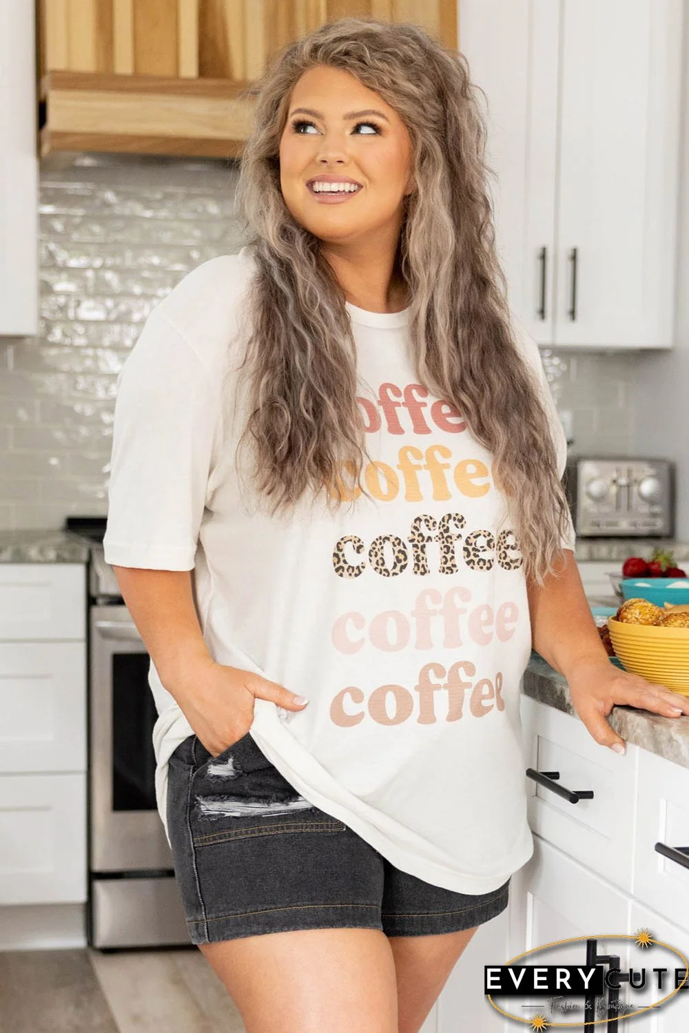 Beige Coffee Letter Print Vintage Plus Size T-shirts