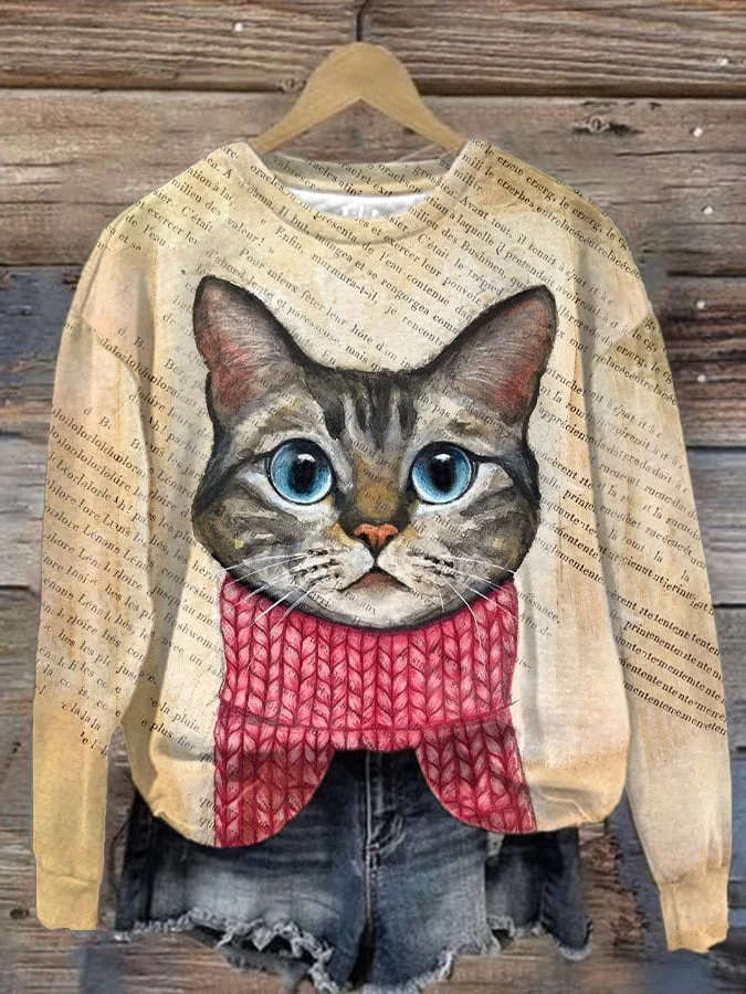 Women's Cat Print Casual Long Sleeve Sweatshirt