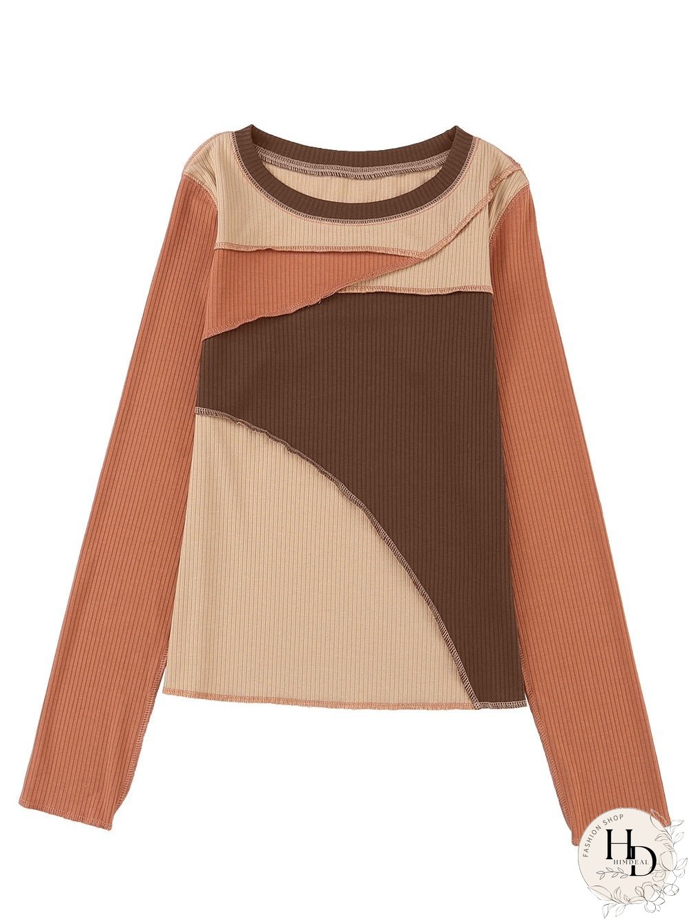 Knit Top with Exposed Seam Detail in Brown Color Block