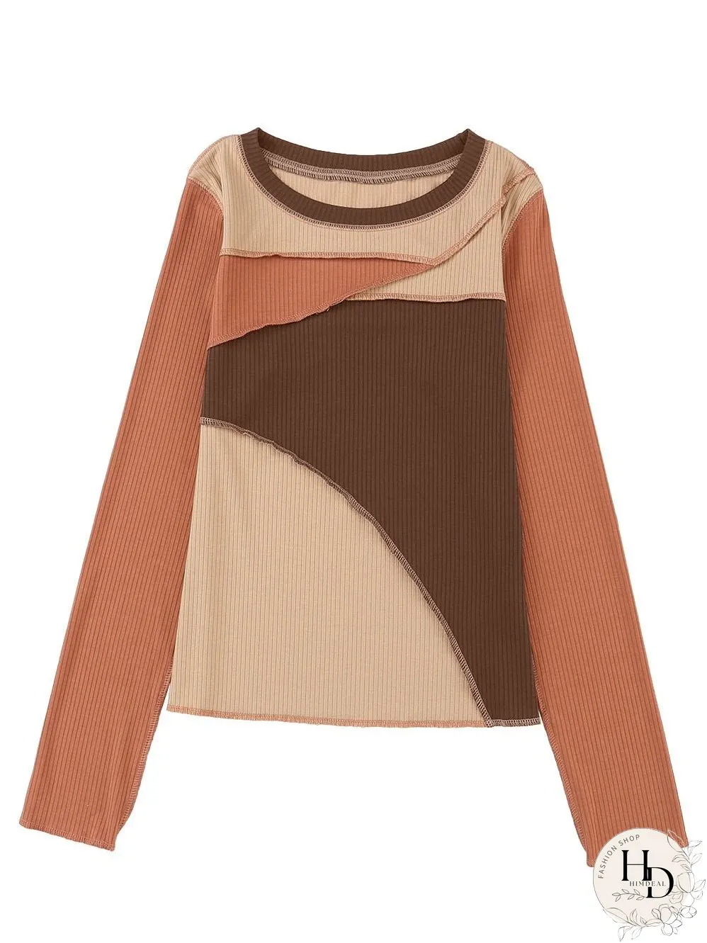 Knit Top with Exposed Seam Detail in Brown Color Block