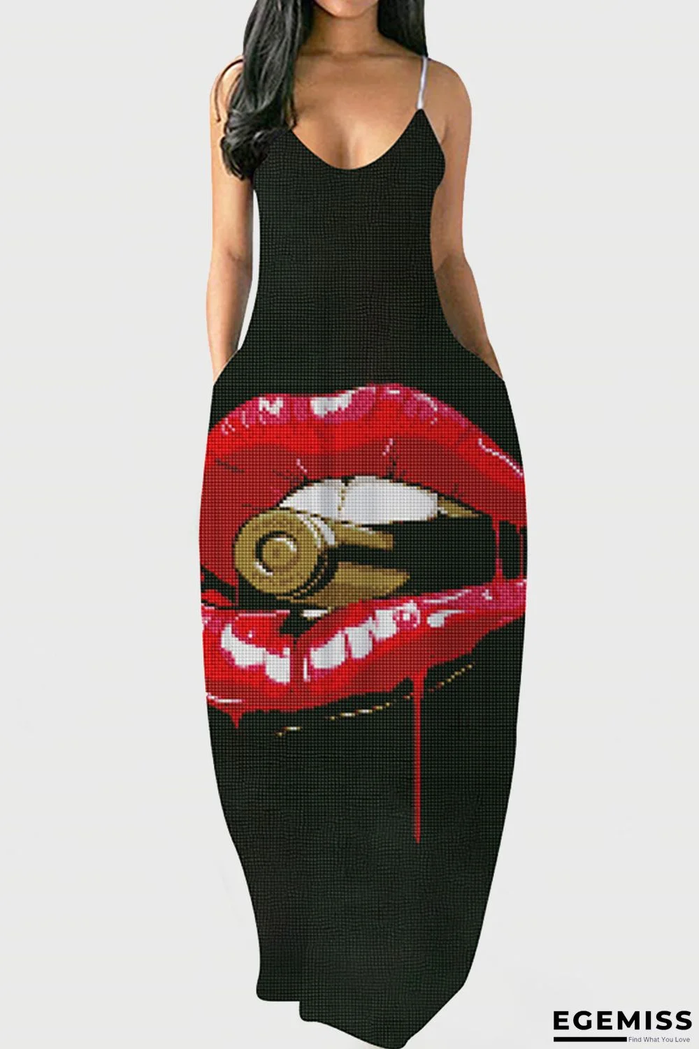 Black Fashion Sexy Print Backless V Neck Sling Dress | EGEMISS