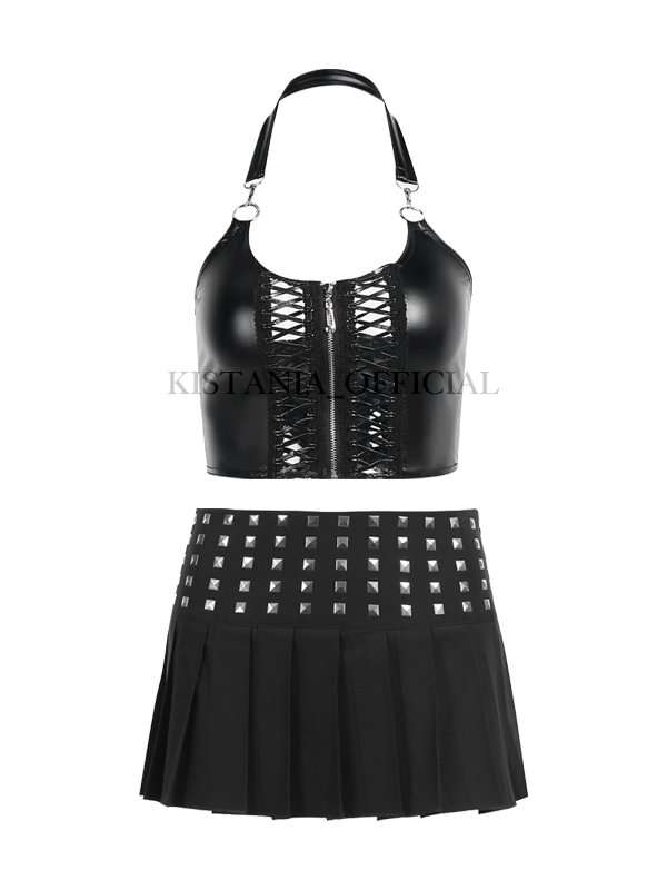 Dark Goth Cutout Cross Halter Front Zipper PU Crop Top + Rivets Pleated Skirt 2-piece Sets