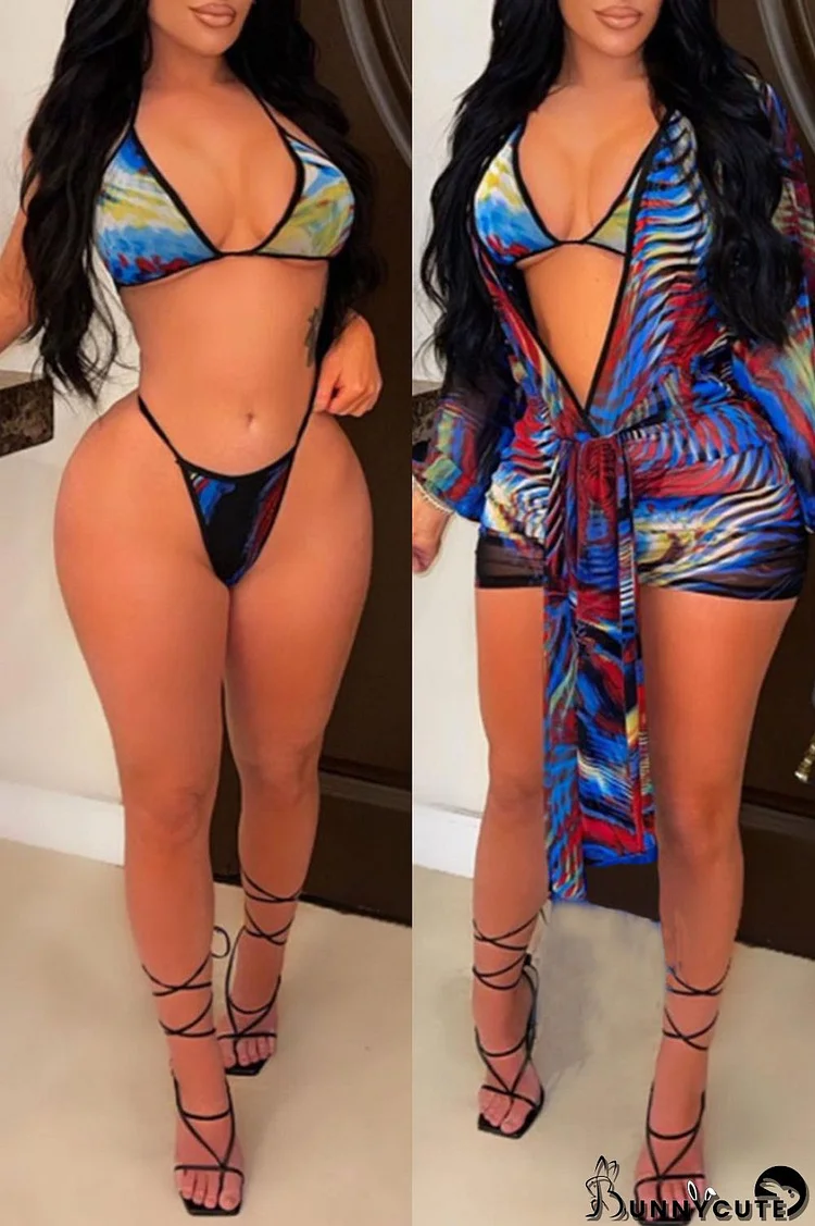 Black Fashion Sexy Print Split Joint V Neck Long Sleeve Three-piece Set