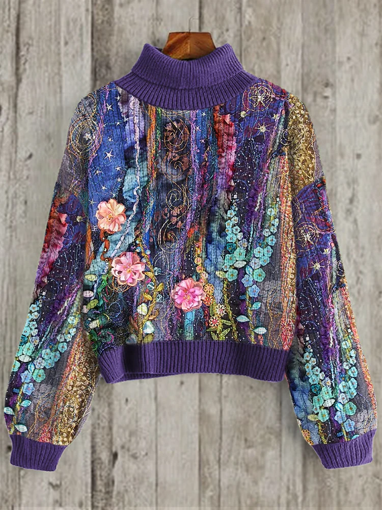 Utbros Night Garden Floral Fiber Art Cozy Turtleneck Sweater